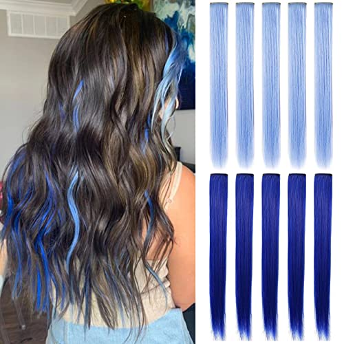10PCS Haarverlängerungen für Mädchen Perücke Stücke Clip in farbigen Haarverlängerungen für Erwachsene Bunte Haarteile Party Highlights Mehrere Farben(Hellblaues Saphirblau) von MOSCSMDY