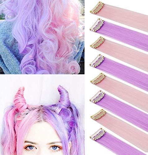 MOSCSMDY 10 Stück Farbige Haarverlängerungen for Girls Clip in Wig Pieces for Teens Colorful Hair Pieces Party Highlights Heat Resistant Synthetic Straight Multiple Colors(Hellrosa Hellviolett) von MOSCSMDY