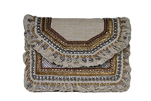 MOSELLE | Damen Clutch mit Fransen, Handtasche mit Perlen und Münzen, Modische Umhängetasche mit Metallkette | Beige von MOSELLE