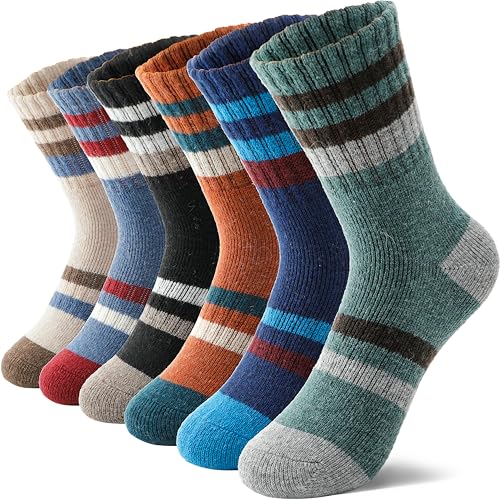MOSEY KOSY 6 Paar Kinder Merino Wolle Wandersocken Jungen Mädchen Kleinkinder Winter Thermisch Dicke Warme Gefütterte Crew Bootssocken für Wanderungen(Einfache Streifen,22-26) von MOSEY KOSY
