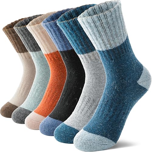 MOSEY KOSY 6 Paar Kinder Merino Wolle Wandersocken Jungen Mädchen Kleinkinder Winter Thermisch Dicke Warme Gefütterte Crew Bootssocken für Wanderungen(Farbblockierung,29-34) von MOSEY KOSY
