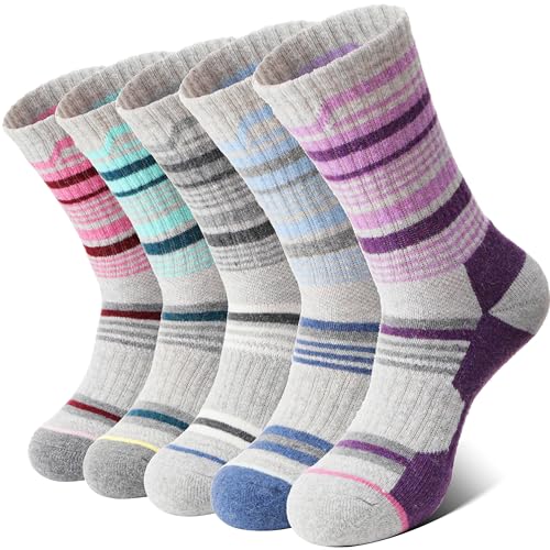 MOSEY KOSY Merino Damen Socken Thermosocken Warme Wandersocken Merinowolle Sportsocken Trekkingsocken Outdoor Arbeitssocken Wollsocken Wolle Atmungsaktiv Wintersocken 5 Paar(Bunte Streifen,M (36-42)) von MOSEY KOSY