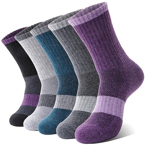 MOSEY KOSY Merino Damen Socken Thermosocken Warme Wandersocken Merinowolle Sportsocken Trekkingsocken Outdoor Arbeitssocken Wollsocken Wolle Atmungsaktiv Wintersocken 5 Paar(Grau/Lila/Grün,L(42-46)) von MOSEY KOSY
