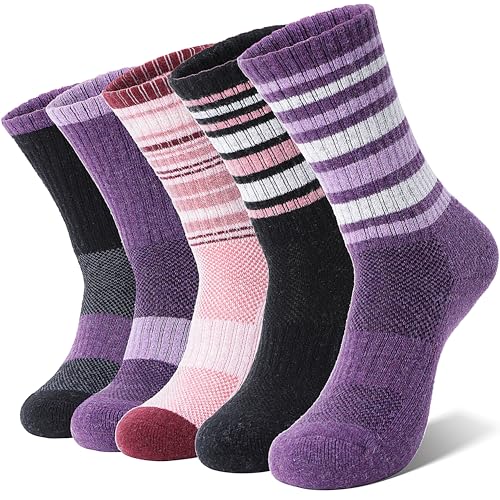 MOSEY KOSY Merino Damen Socken Thermosocken Warme Wandersocken Merinowolle Sportsocken Trekkingsocken Outdoor Arbeitssocken Wollsocken Wolle Atmungsaktiv Wintersocken 5 Paar(Lila/Rosa/Rosa,L(42-46)) von MOSEY KOSY