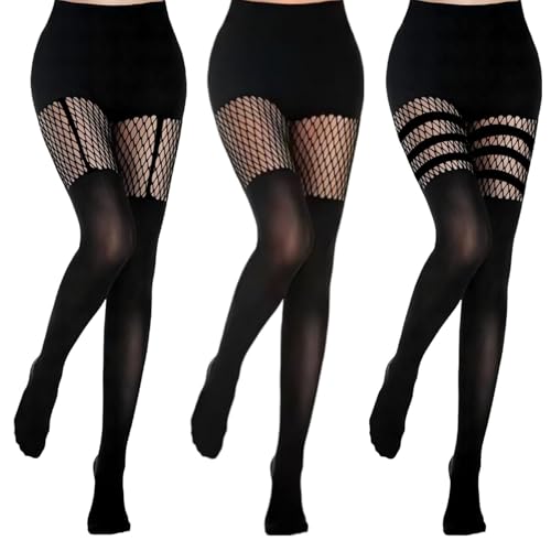 MOSIERRY 3 Paar Netzstrumpfhose Schwarz Strumpfhosen Muster Damen Strumpfhose Spitze Schwarze Sexy Hohe Strümpfe von MOSIERRY