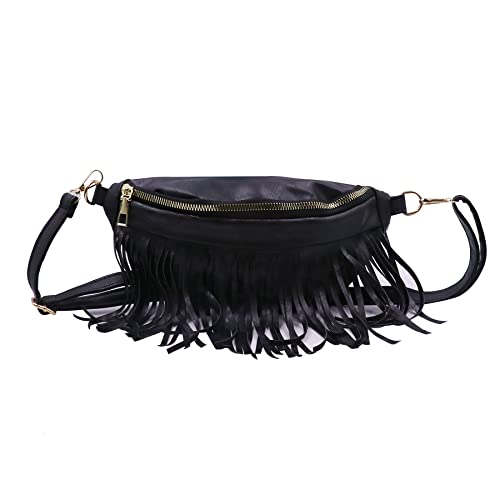 Bauchtasche, Crossbody-Taschen für Damen, modische Schultertasche, Gürtel, Bauchtasche, Hüfttasche, Brusttasche für Reisen, Laufen, Wandern, Schwarz mit Quaste, Einheitsgröße von MOSSTYUS