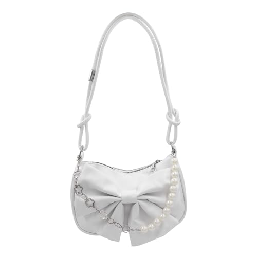Damen Mädchen Retro Hobo Handtasche Unterarm Schultertasche Perlen Griff Clutch Tasche Tragetasche für Hochzeit Party Reisen, Weiß (Perlen-Griff mit Schleife), Einheitsgröße von MOSSTYUS
