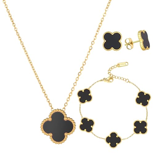 18k Vergoldet VierbläTtriges Kleeblatt Schmuckset VierbläTtriges Kleeblatt Halskette Ohrringe Armband VierbläTtriges GlüCksklee Schmuckset FüR Damen Und MäDchen für Muttertags,Valentinstag,Schwarz von MOSTEDE