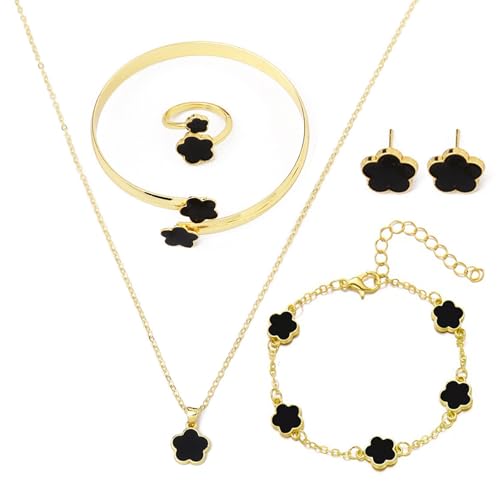 Vierblättriges Glücksklee Schmuckset 5 Stück Adjustable Glückliches Fünfblättriges Kleeblatt Legierung Schmuckset Vierblättriges Halskette Ringe Ohrstecker Armreif Armband Set Für Geschenk, Schwarz von MOSTEDE
