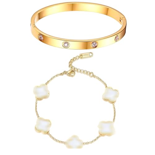 MOSTEDE Glücklich Vierblättriges Kleeblatt Armband Damen Kleeblatt Armband Gold Aus Titanstahl Gold Liebe Freundschaft Cubic Zirkonia Armreif Für Frauen Und Mädchen Geburtstagsgeschenk von MOSTEDE