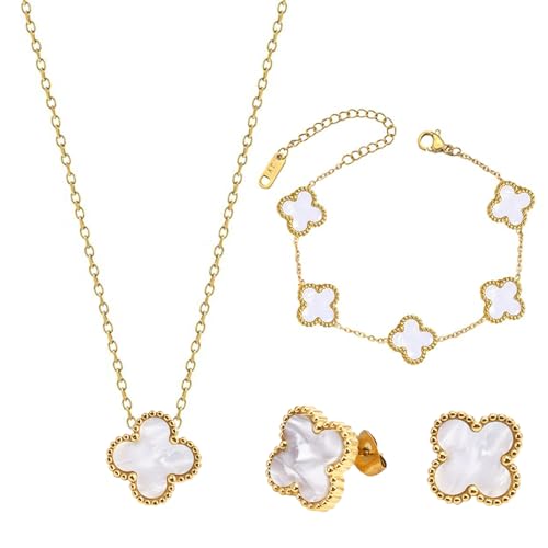 MOSTEDE Vierblättriges Kleeblatt Schmuck Set 18k Vierblättriges Kleeblatt Halskette Ohrringe Armband Minimalistisches Vierblättriges Kleeblatt Anhänger Schmuckset Für Damen Und Mädchen, Weißgold von MOSTEDE