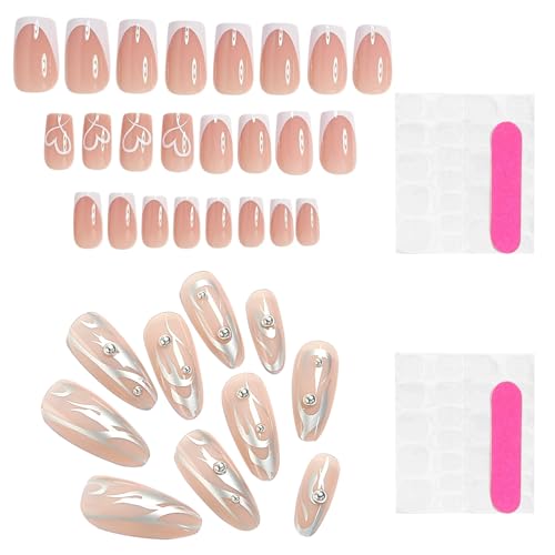 Nägel Zum Aufkleben 48 Stück Glossy Mandel Kunstnägel Flammenstil Press on Nails Rosa Weiß Square Französischer Tip Design Press on Nails mit Selbstklebende Nagelkleber für Frauen Nail Art DIY von MOSTEDE