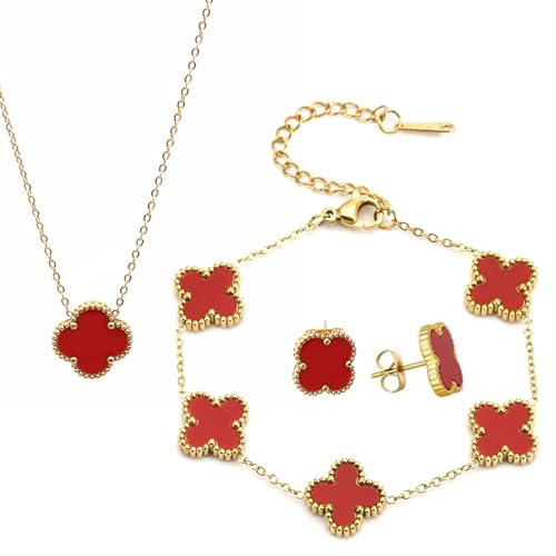 VierbläTtriges Kleeblatt Schmuckset 18 Karat Vergoldetes VierbläTtriges Kleeblatt VierbläTtriges Schmuck Set FüR Frauen Armband Emaille Schmuck Set FüR Geschenke Valentinstag,Geburtstags,Rotwein von MOSTEDE