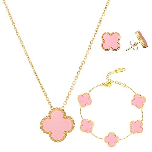 Vierblättriges Glücksklee Schmuckset 18k Vergoldet Vierblättriges Kleeblatt Schmuckset Anhänger Halskette Ohrstecker Armband Emaille Schmuck Set Für Muttertagsgeschenke Geschenke Valentinstag,Rosa von MOSTEDE