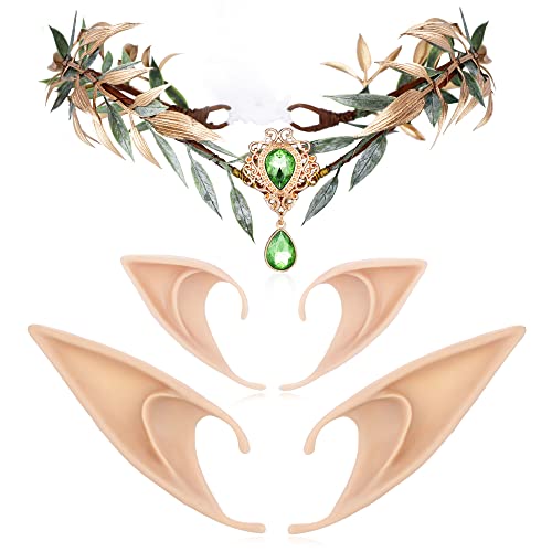 MOSTORY Feenblatt-Strass-Krone mit Elfenohren, handgefertigt, Prinzessinnen-Kopfschmuck mit 2 Paar weichen Elfenohren, Set für Damen, Reneaissance, Halloween, Hochzeit, Cosplay, Foto-Requisiten von MOSTORY