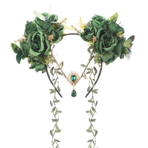 MOSTORY Grüne Fee Blume Kopfschmuck - Elfenkrone Wald Floral Stirnband mit Schmetterling Wald Fee Kostüm für Frauen Renaissance Renfaire Halloween Cosplay Fantasy Zubehör von MOSTORY