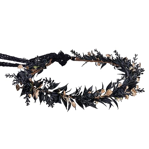 MOSTORY Handgefertigte Elfe Schwarze Blumenkrone - Gothic Verstellbar Floral Tiara Stirnband Dunkel Fee Haar Kranz Mittelalter Accessoire für Halloween Karneval Hochzeit Cosplay Karneval von MOSTORY
