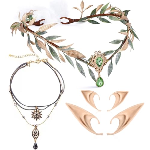 MOSTORY Renaissance Zubehörset für Frauen - 4 Teile Woodland Fairy Krone, gestaffelte Halskette, Sternanhänger Choker mit Elfenohren Set für Renfaire Kostüm Halloween Feen Outfit Fantasy Cosplay von MOSTORY