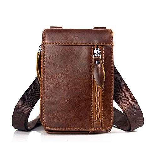 MOTALER Herren Leder Handy Umhängetasche, Rot Kaffee, 16 cm x 11,5 cm x 2,5 cm, Sling, 3 Kompartimente, Reißverschluss, Schultergurt, Hüftgurtschlaufe, Für Smartphones bis 6,5 Zoll von MOTALER