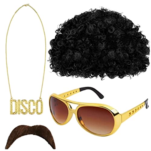 70er Jahre Perücke - Funky Afro Perücken 70er Jahre mit Halskette Sonnenbrille Schnurrbart | Hippie-Accessoires für 50/60/70er-Jahre-Mottopartys, Halloween-Partys, Weihnachtsfeiern Mothaf von MOTHAF