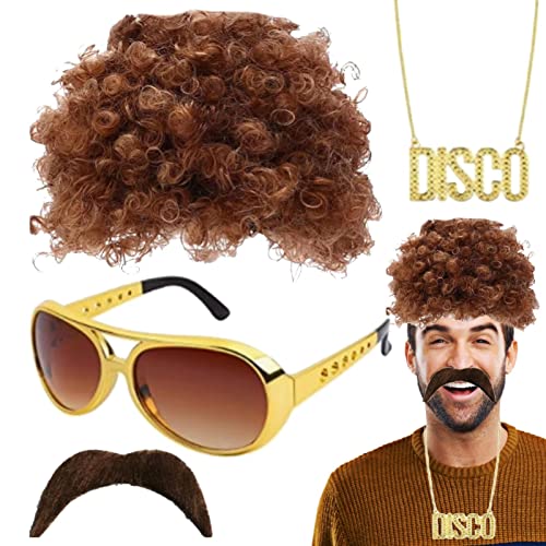 Afro Perücke Männer | Hippie-Perücke mit luxuriöser Brillen-Schnurrbart-Halskette - Hippie-Accessoires für 50/60/70er-Jahre-Mottopartys, Halloween-Partys, Weihnachtsfeiern othaf von MOTHAF