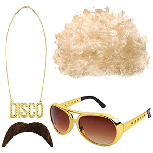 Kostümperücken für Herren - Funky Hippie-Kostü mit Perücke, Sonnenbrille, Halskette, Schnurrbart | Disco-Perücke für einen Vintage-Look, Maskerade-Party, Halloween-Party othaf von MOTHAF