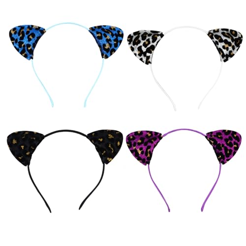 MOTHNUR 4 Stück Glitzernde Katzenohren Haarreifen Teiliges Leopard Stirnband für Karneval Fasching Halloween Party Kopfschmuck Leicht und Bequem von MOTHNUR