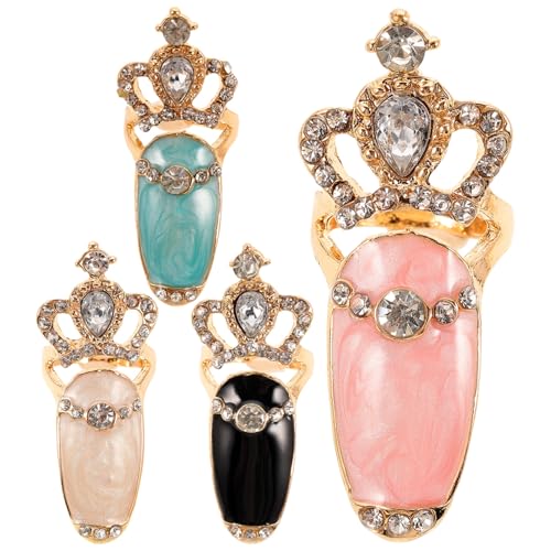 MOTHNUR 4stücke Frauen Fingernagel Ring Crown Finger Nagel Ringe Strass Steine Verzierung Modisches Design Cosplay Dekoration Nägelringe von MOTHNUR