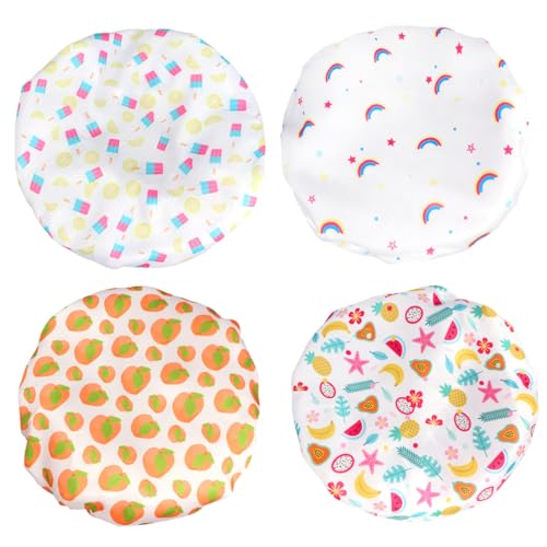 MOTHNUR 4 Stück Satin Duschhauben Damen Doppel lagen Badekappe Bunte Schlafmütze Komfortabel Waschbar Für Make up Reinigung und Dusche von MOTHNUR
