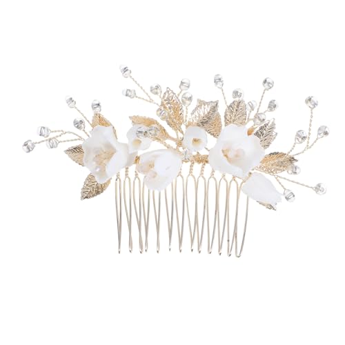 MOTHNUR Braut Hochzeit Haarschmuck Goldfarbener Haarkamm mit Keramikblume und Perlenhandarbeit Eleganter Brautschmuck für Natürliche Vintage Hochzeitsfrisuren von MOTHNUR