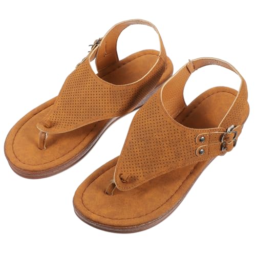 MOTHNUR Leichte Atmungsaktive Damen Sandalen mit Keilabsatz PU Rubber Material Rutschfeste Elastische Sohle für Sommer Alltag Passend zu Jeans Shorts und Rock Hellbraun von MOTHNUR