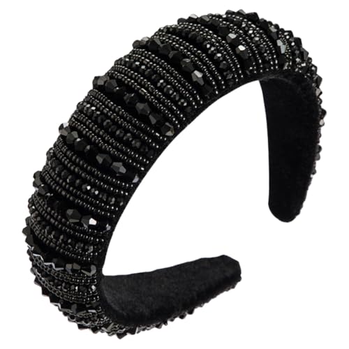 MOTHNUR Schwarzes Flanell Stirnband mit Glitzer und Strassbesatz Breiter Perlen haarreif Leichtes Formstabiles Party haarband für Damen Modisches Accessoire für Festliche Anlässe von MOTHNUR