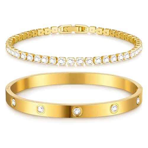 MOTIBACK 2 Stück Armband Damen Gold Set Vergoldet Edelstahl Verstellbare Armbänder Wasserdicht Schmuck Geschenk für Frauen-1 von MOTIBACK