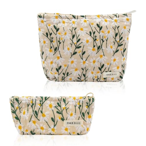 MOTIBACK 2 Stück Kosmetiktasche Klein - Make up Tasche mit Blumenmuster - Kosmetiktasche Damen Mädchen - Tragbare Schminktasche Makeup Bag Waschtasche Kleine Kosmetiktasche Set (Beige) von MOTIBACK