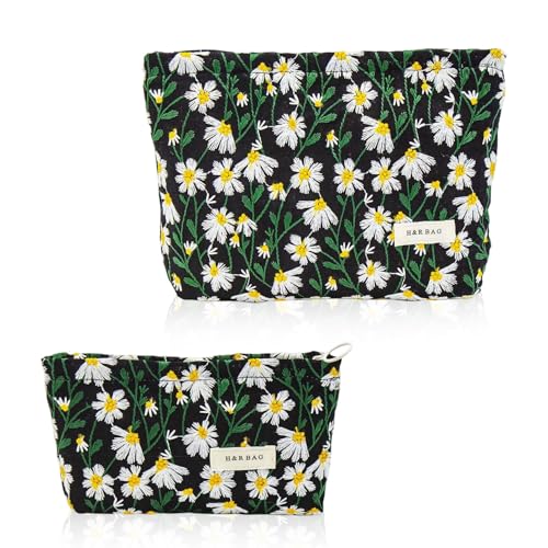 MOTIBACK 2 Stück Kosmetiktasche Klein - Make up Tasche mit Blumenmuster - Kosmetiktasche Damen Mädchen - Tragbare Schminktasche Makeup Bag Waschtasche Kleine Kosmetiktasche Set (Schwarz) von MOTIBACK