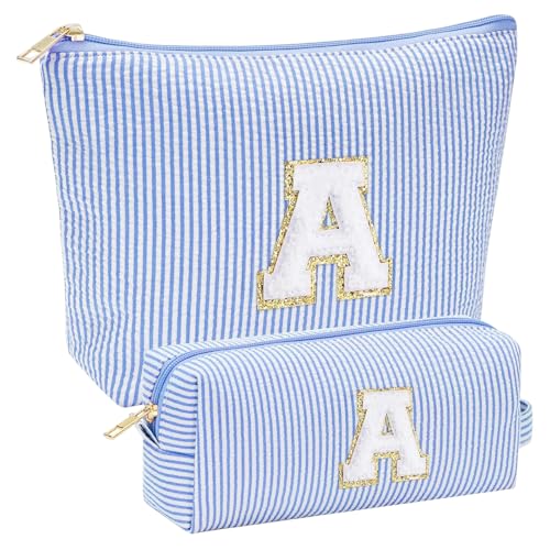 MOTIBACK 2 Stück Set Cosmetiktaschen für Frauen, Streifiges Design mit Initialbuchstabe, Praktische Make up Organizer für Reise und Alltag, Mit Gold Reißverschluss (Blau) von MOTIBACK