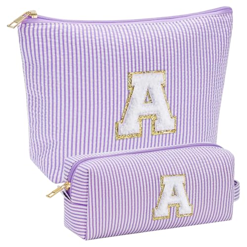 MOTIBACK 2 Stück Set Cosmetiktaschen für Frauen, Streifiges Design mit Initialbuchstabe, Praktische Make up Organizer für Reise und Alltag, Mit Gold Reißverschluss (Lila) von MOTIBACK