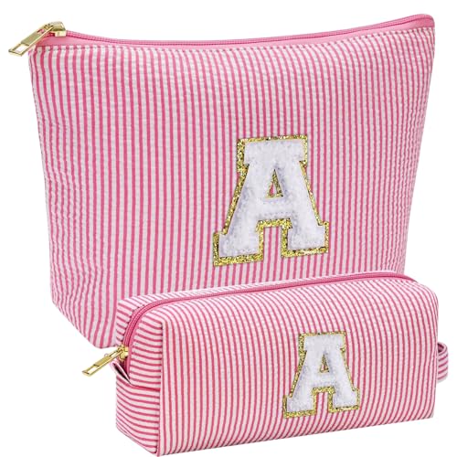MOTIBACK 2 Stück Set Cosmetiktaschen für Frauen, Streifiges Design mit Initialbuchstabe, Praktische Make up Organizer für Reise und Alltag, Mit Gold Reißverschluss (Rosenrot) von MOTIBACK