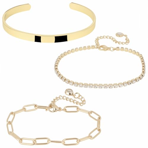 MOTIBACK 3 Stück Armband Damen Gold Set Vergoldet Edelstahl Verstellbare Armbänder Wasserdicht Schmuck Geschenk für Frauen-3 von MOTIBACK