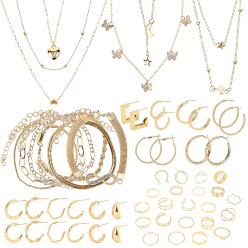 MOTIBACK 46 Stück Gold Schmucksets für Damen mit 6 Stück Halskette und Armbänder 22 Stk. Achsschenkel Ringe und 12 Paar Vergoldete Ohrringe Schmuck-accessoires von MOTIBACK