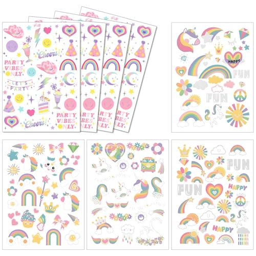 MOTIBACK 8 Bogen Regenbogen Kinder Tattoos, Bunte temporäre Tattoos mit Regenbogen, Happy Face & Party Vibes, Wasserdicht & Langlebig, Perfekte Party Dekoration & Geschenke für Mädchen von MOTIBACK