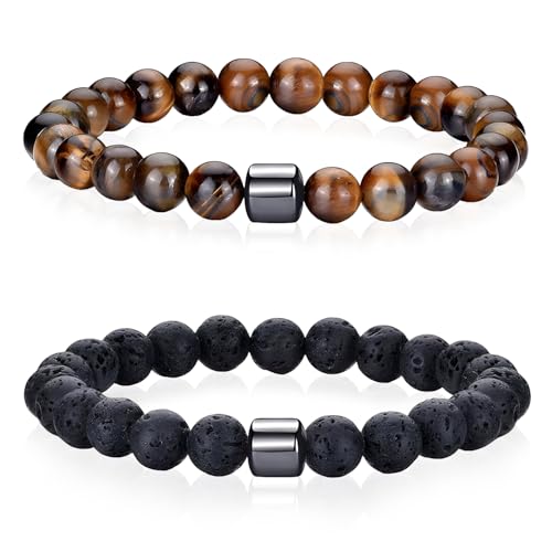 MOTIBACK Armband Herren Schmuck Set mit 8mm Tigerauge Armband & Lavastein Armbänder, Naturstein Perlenarmband Herren Stretch Männer Armbänder, Schmuck Geschenke Armbänd für Männer (2 pcs) von MOTIBACK