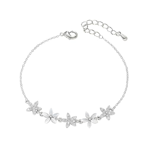 MOTIBACK Armband für Damen Silberfarbenes Katzenaugenstein-Blütenblatt-Armband Verstellbares Armbänd Zirkonia-besetzter Schmuck von MOTIBACK