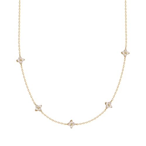 MOTIBACK Halskette Damen Vierblättriges Kleeblatt mit funkelndem Zirkonia Besetzt 925 Sterling Silber Vergoldet Glücksbringer Kette Verstellbare Länge 42+7cm Elegant Geschenk für Frauen und Mädchen von MOTIBACK