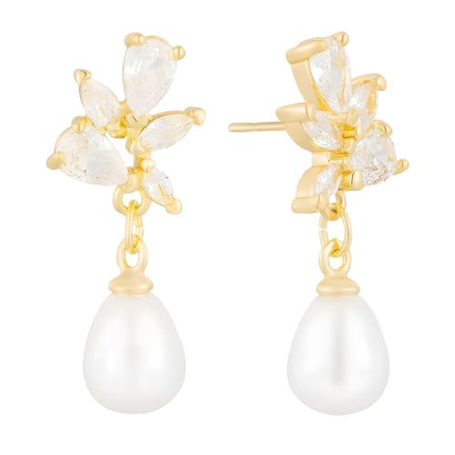 MOTIBACK Perlenohrringe mit Blattdesign - Elegante Süßwasserperlen Ohrringe mit 14K Gold & funkelnden Zirkonia-Blättern, Ohrringe Perlen Perlenschmuck für Besondere Anlässe & Selbstbelohnung (A) von MOTIBACK