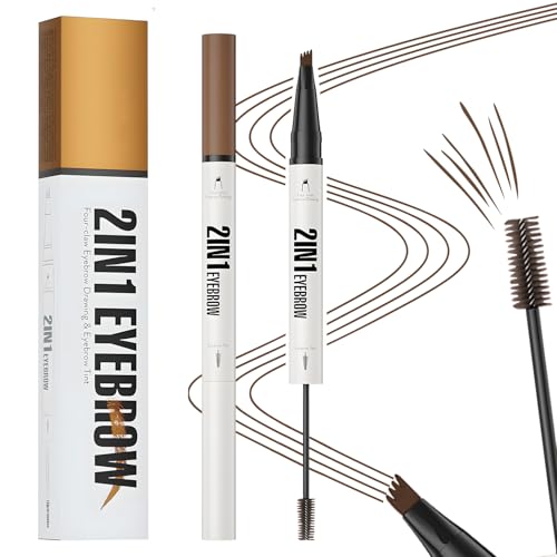 MOTIBACK Professioneller 2-in-1 Augenbrauenstift mit Gel, Microblading Stift und Wasserfester Brow Gel, 4 Gabelspitzen für Präzise Augenbrauen (Dunkelbraun) von MOTIBACK