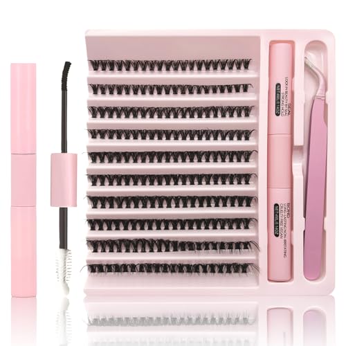MOTIBACK Wimpern Extensions Set - 200 Pcs DIY Lash Extension Set mit 40D für Damen | Selbstklebende Künstliche Wimpern inkl. Wimpernkleber, Präzisionspinzette, Applikator & Bürste von MOTIBACK