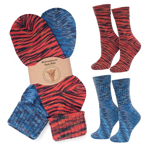 MOUNTREX Alpaka Socken, Wollsocken für Damen, Herren - Wintersocken, Kuschelsocken - 2 Paar, Orange/Blau (mit Umschlag - Dünn), 39-42 von MOUNTREX