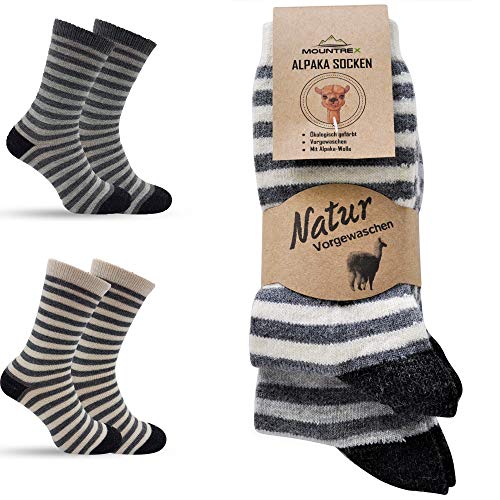 MOUNTREX Alpaka Socken, Wollsocken für Damen, Herren - Kuschelsocken - 2 Paar, Ecru/Grau/Dunkelgrau (mit Ringel), 35-38 von MOUNTREX