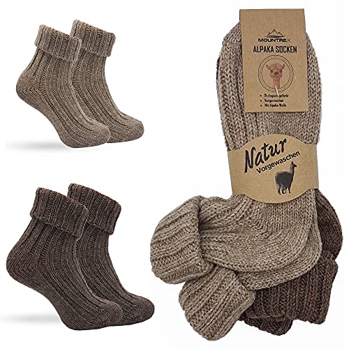 MOUNTREX Alpaka Socken, Wollsocken für Damen, Herren - Stricksocken, Haussocken - 2 Paar, Braun/Dunkelbraun (Dick - wie gestrickt, mit Umschlag), 39-42 von MOUNTREX